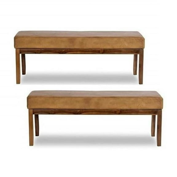 Home Square 2 Piece Asher Genuine Leather Bench Set in Cognac Tan