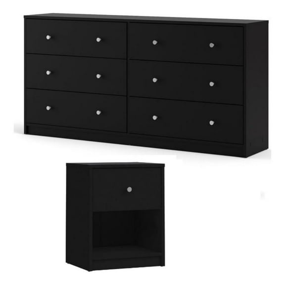 Home Square 2 Piece Bedroom Set with 6-Drawer Double Dresser and 1-Drawer Nightstand in Black