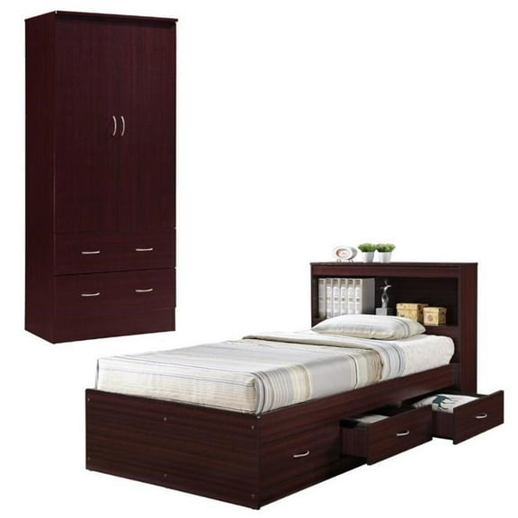 Home Square 2 Piece Bedroom Set with Captain Bed ad 2 Door Armoire in Mahogany