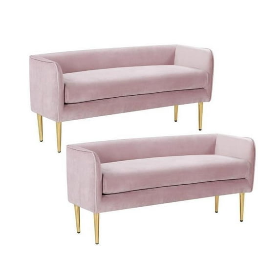 Home Square 2 Piece Contemporary Velvet Bench Set in Pink