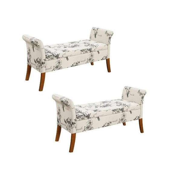 Home Square 2 Piece Designs4Comfort Fabric Storage Bench Set in Beige Botanical
