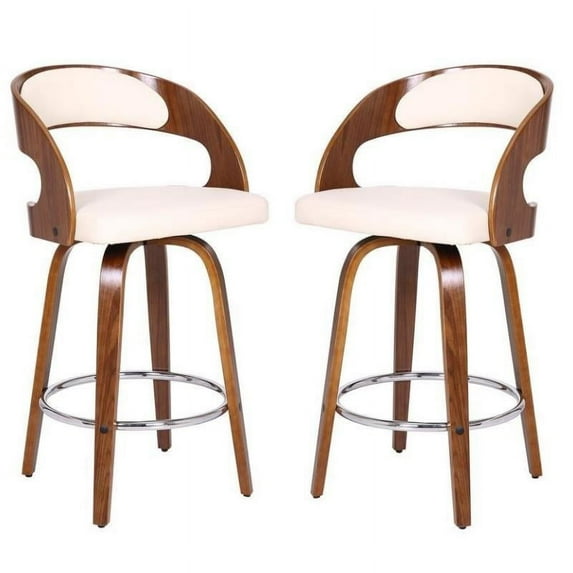 Home Square 2 Piece Faux Leather Swivel Counter Stool Set in Cream and Walnut