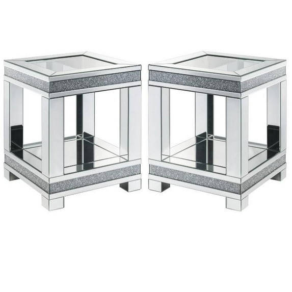 Home Square 2-Piece Furniture End Table Set in Mirrored and Faux Diamonds