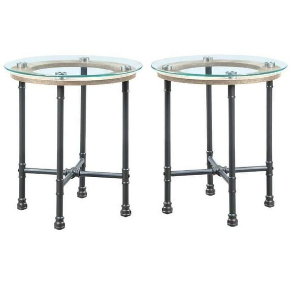 Home Square 2-Piece Furniture Round End Table Set in Clear Glass & Sandy Gray