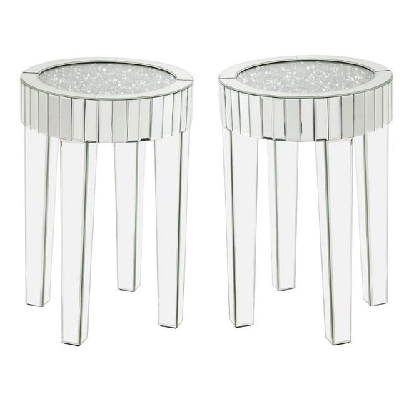 Home Square 2-Piece Furniture Round End Table Set in Mirrored & Faux Diamonds