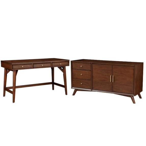 Home Square 2 Piece Furniture Set with Sideboard and 3-Drawer Desk in Walnut