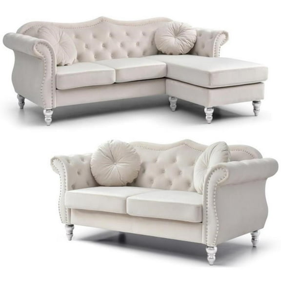 Home Square 2 Piece Transitional Velvet Living Room Furniture Set, Ivory