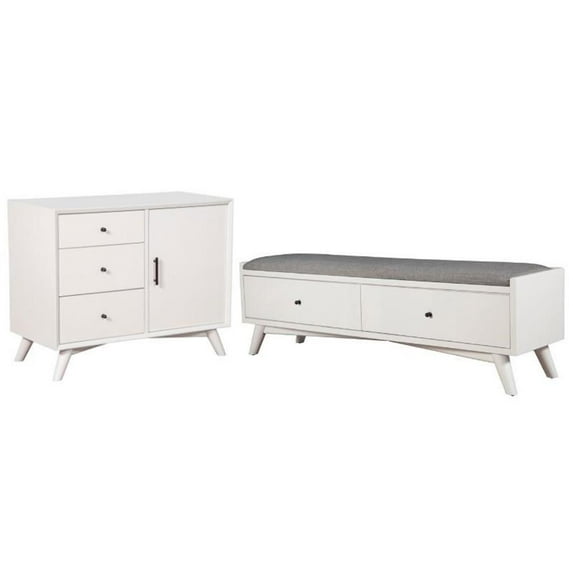 Home Square 2 Piece Furniture Set with Wood Bench and Accent Cabinet in White