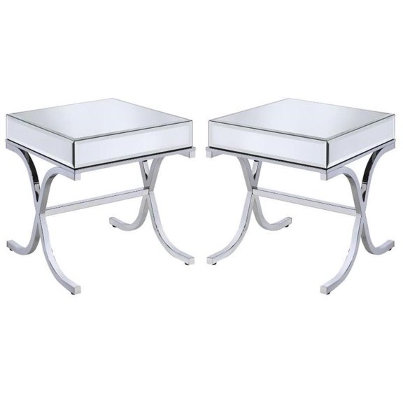 Home Square 2-Piece Furniture Square Mirror Top End Table Set in Chrome