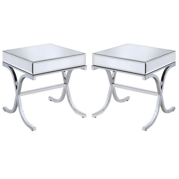 Home Square 2-Piece Furniture Square Mirror Top End Table Set in Chrome