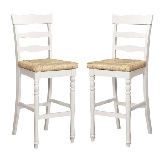 Home Square 2-Piece Furniture Wood and Rush Bar Stool Set in White