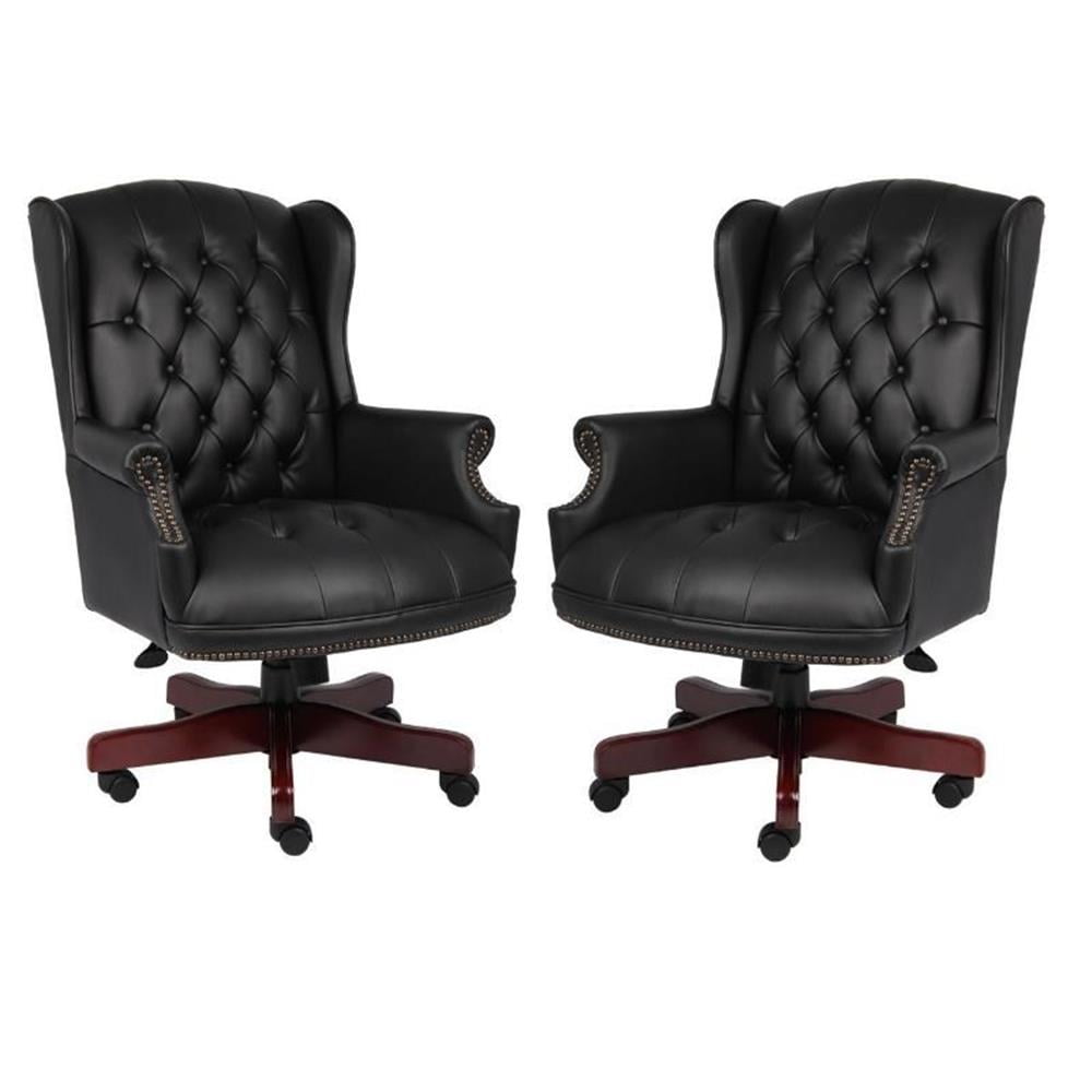 Black High Back Faux Leather Executive Chairs with Mahogany Finish, Set of 2
