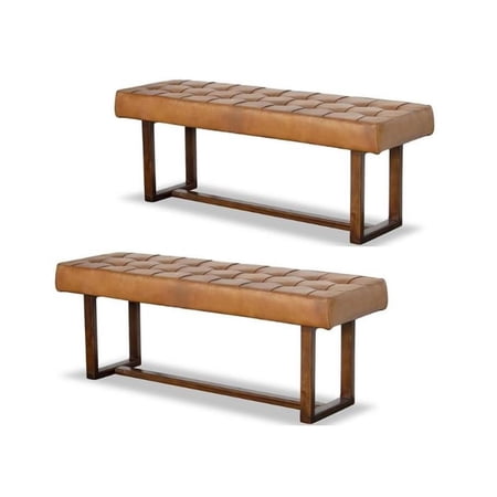 Home Square 2 Piece Mid Century Modern Genuine Leather Bench Set in Espresso