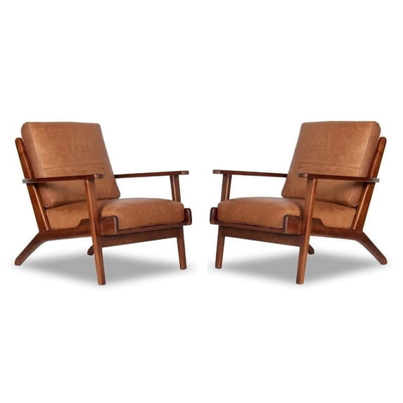 Home Square 2 Piece Mid Century Modern Leather Accent Chair Set in Cognac Tan