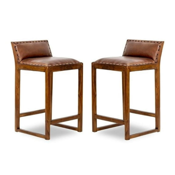 Home Square 2 Piece Mid Century Modern Leather Counter Stool Set in Cognac Tan