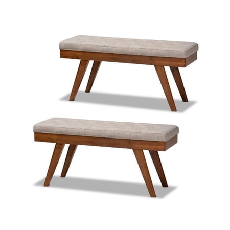 Home Square 2 Piece Mid Century Upholstered Wood Bench Set in Light Gray