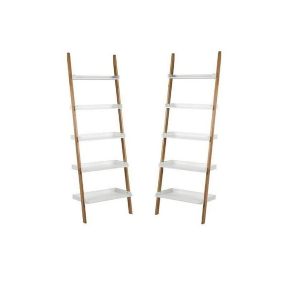 Home Square 2 Piece Modern Ladder Wood Bookshelf Set in Oak and White