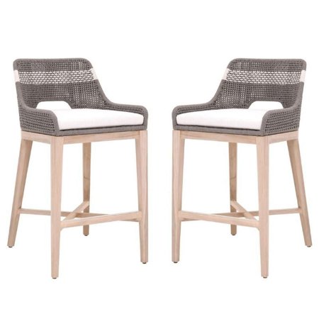 Home Square 2 Piece Outdoor Upholstered Rope Barstool Set in Dove and Gray Teak