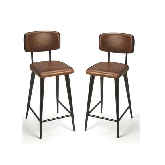 Home Square 2 Piece Saddle Leather Counter Stool Set in Brown