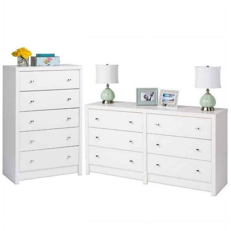 Home Square 2 Piece Set with 5 Drawer Chest 6 Drawer Dresser in White Laminate