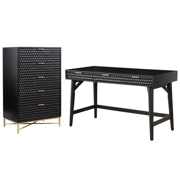 Home Square 2-Piece Set with 5 Drawer Chest and Large Wood Desk in Black