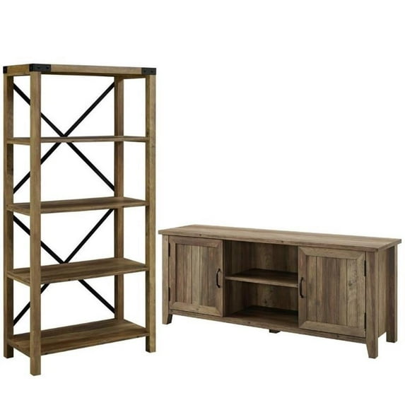 Home Square 2 Piece Set with 58" TV Stand and X Bookcase in Rustic Oak