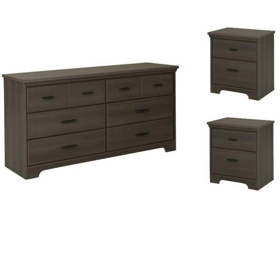 Home Square 2 Piece Set with 6 Drawer Dresser and 2 Nightstands in Gray Maple