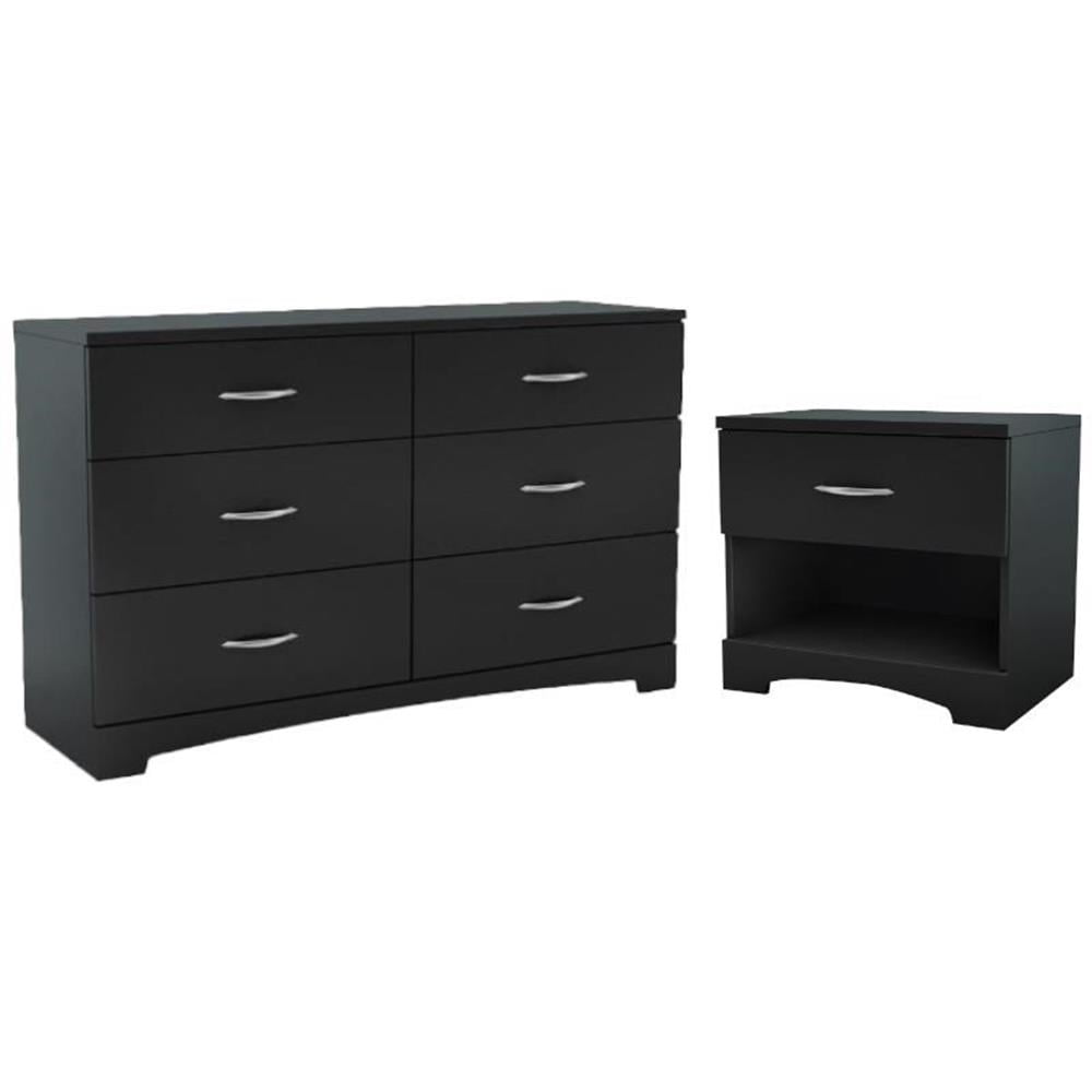 Pure Black Laminated Particleboard 6-Drawer Dresser and Nightstand Set