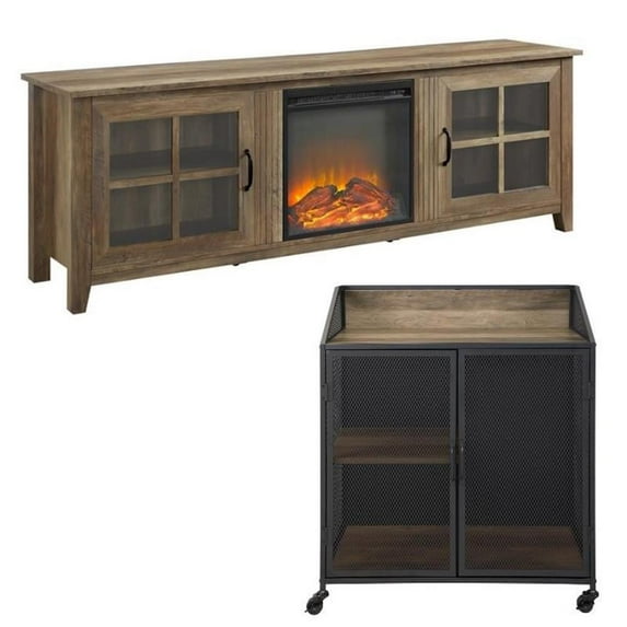 Home Square 2 Piece Set with 70" Fireplace TV Stand and Bar Cabinet in Oak