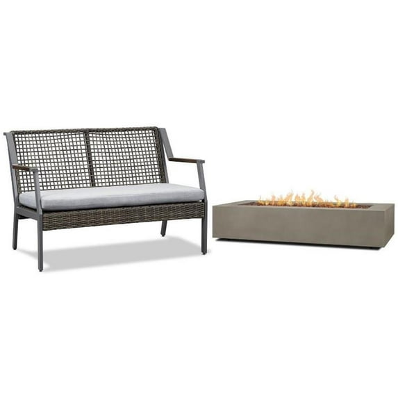 Home Square 2 Piece Set with 70" Rectangle LP Fire Table Patio Loveseat in Gray