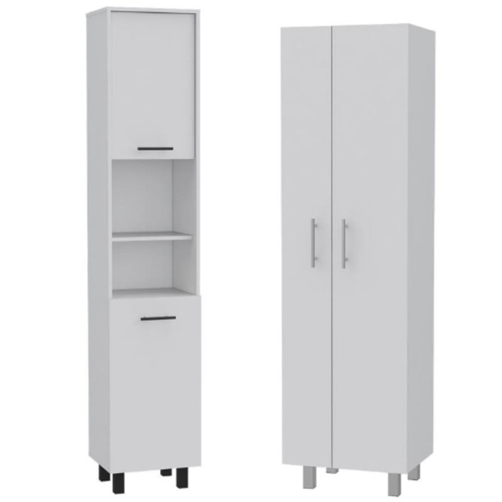 White Engineered Wood 2-Piece Pantry and Storage Cabinet Set