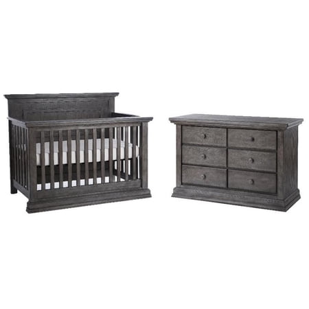Home Square 2-Piece Set with Crib & Double Dresser in Distressed Granite Gray