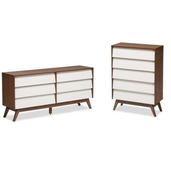 Home Square 2 Piece Set with Double Dresser and Drawers in White and Walnut