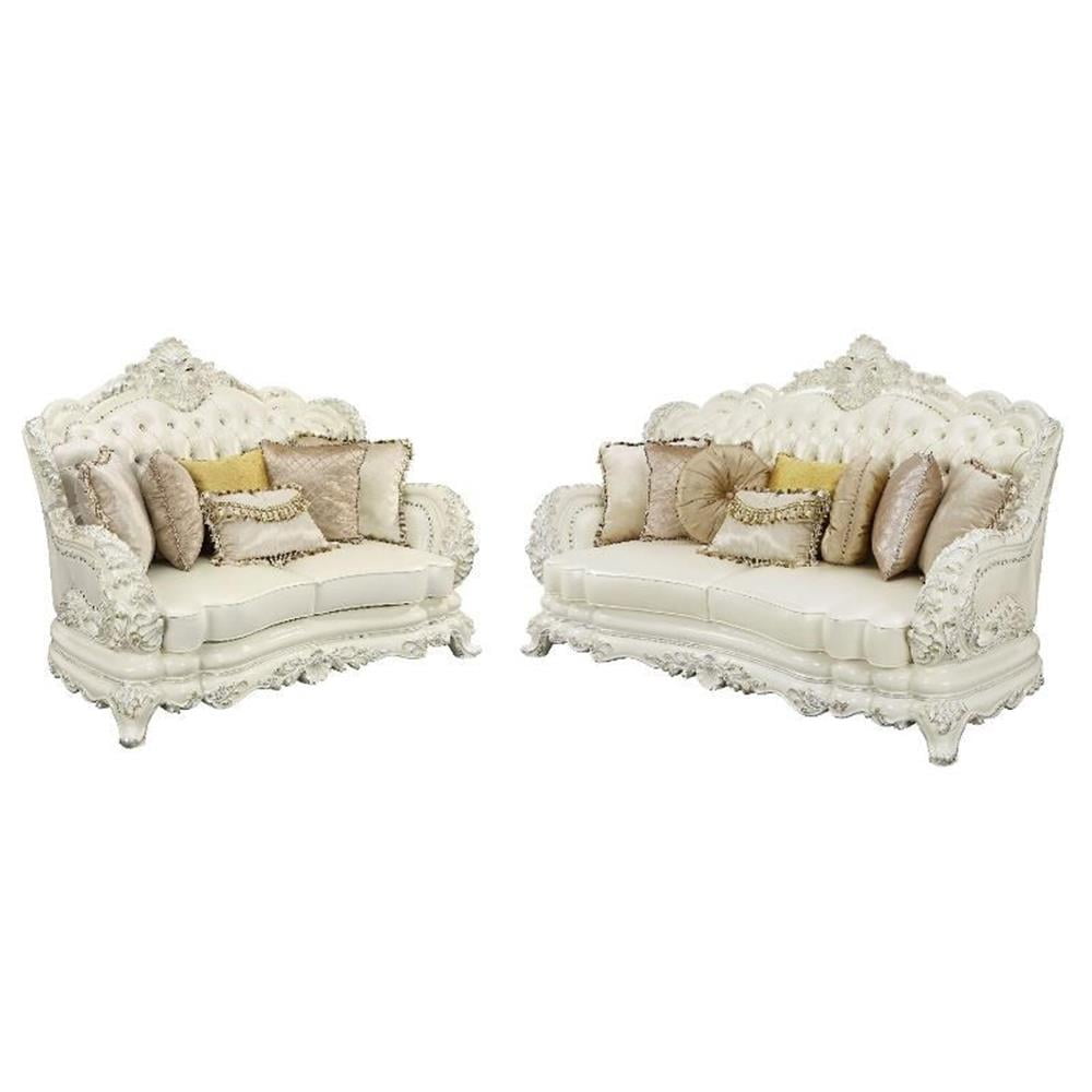 Adara White Faux Leather Sofa and Loveseat Set with Pillows