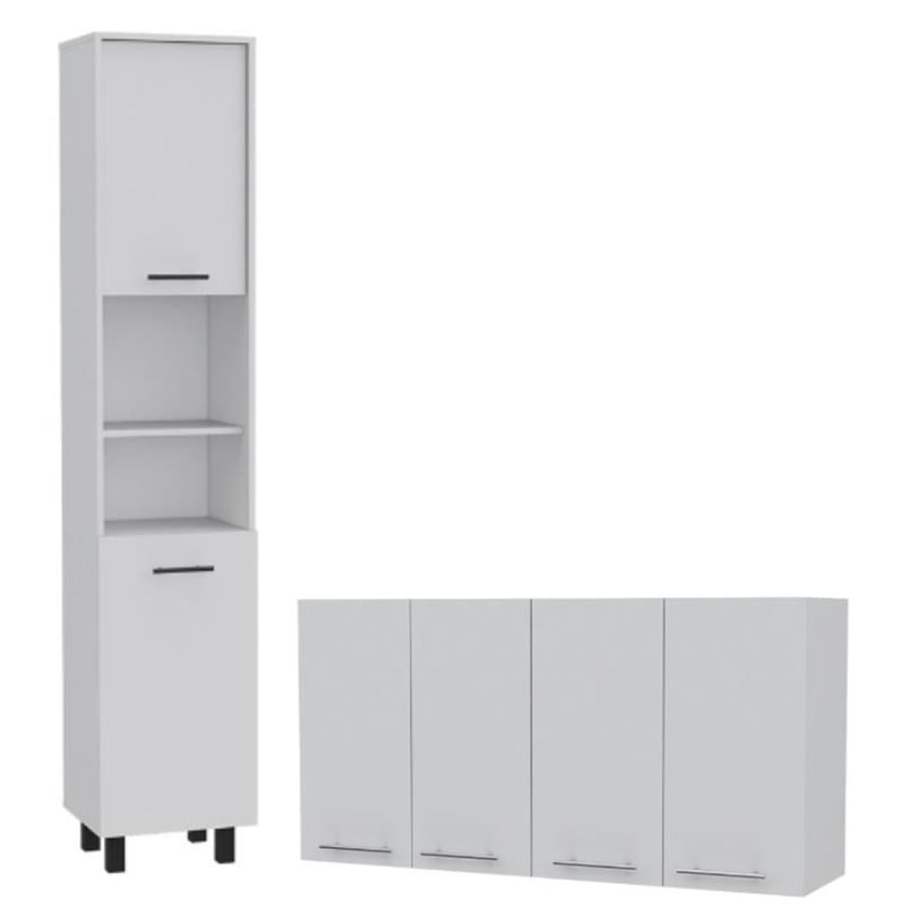 White Engineered Wood 78" Pantry and Four-Door Wall Cabinet Set