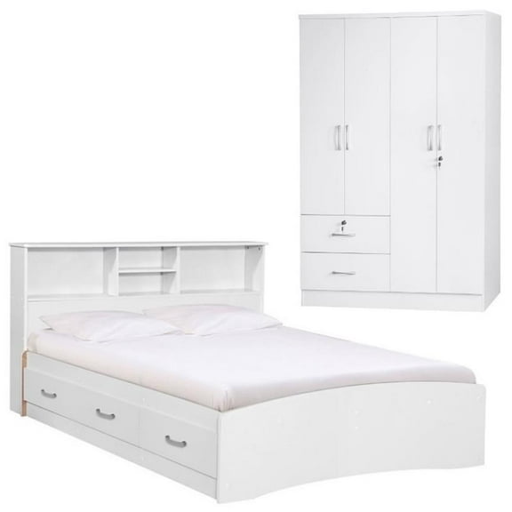 Home Square 2-Piece Set with Full Captains Bed and 4-Doors 2-Drawers Armoire