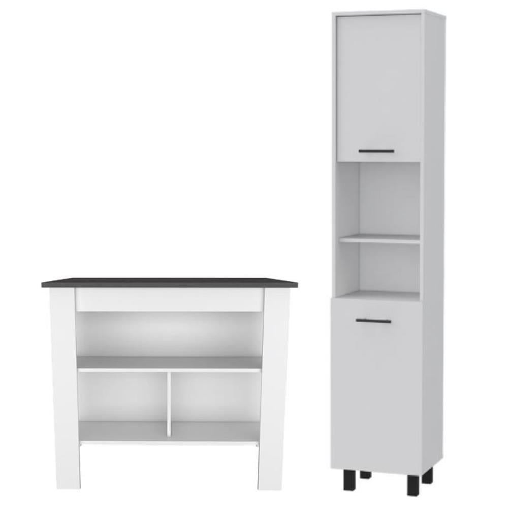 White Engineered Wood Kitchen Island and Pantry Cabinet Set