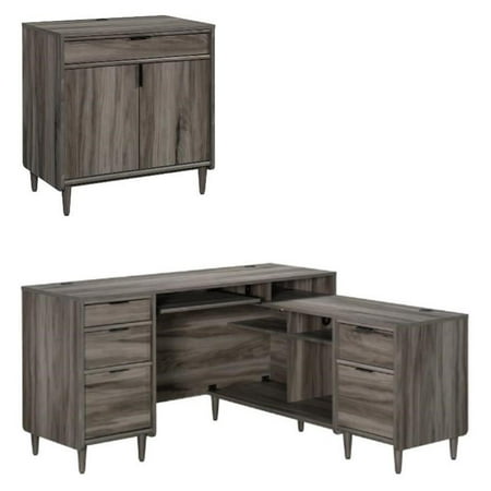 Home Square 2-Piece Set with L-Shaped Desk & Base Storage Cabinet in Jet Acacia
