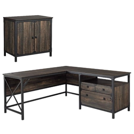 Home Square 2-Piece Set with L-Shaped Desk & Library Base in Carbon Oak