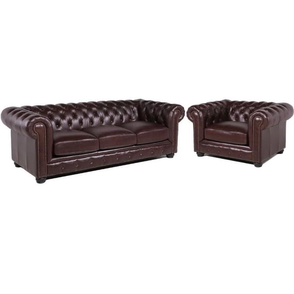 Home Square 2 Piece Set with Leather Chesterfield Accent Chair and Sofa in Brown