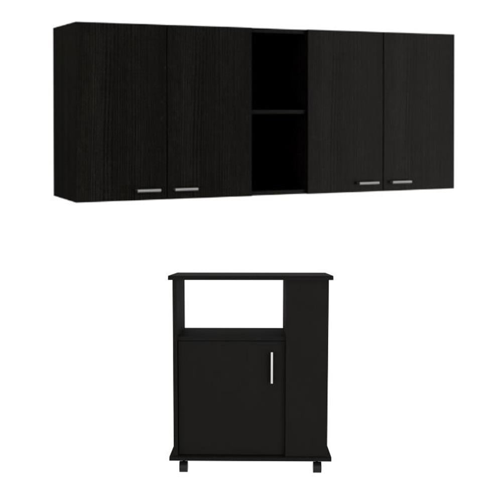 Black Engineered Wood Wall and Microwave Cabinet Set