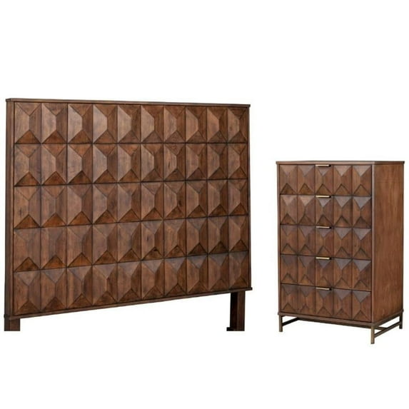 Home Square 2-Piece Set with Trig Queen Headboard & 5 Drawer Chest in Brown