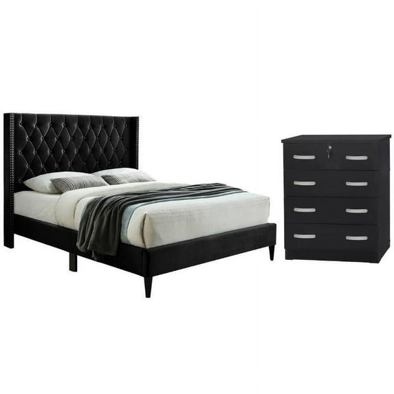 Home Square 2-Piece Contemporary Upholstered Full Bedroom Set, Black