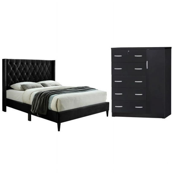 Home Square 2-Piece Set with Tufted Full Bed and Tall Chest Wardrobe in Black