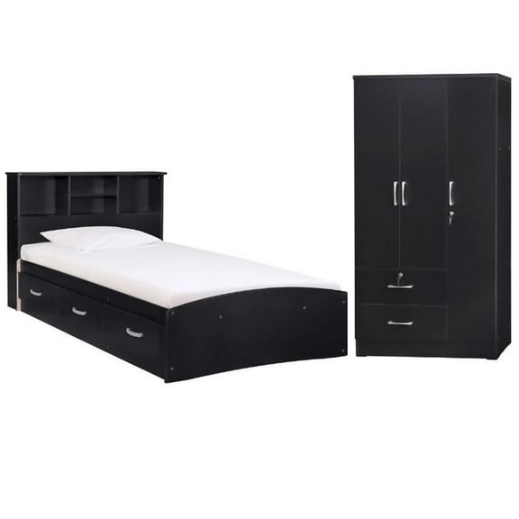 Home Square 2-Piece Set with Twin Captains Bed & Wardrobe Armoire Closet