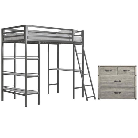 Home Square 2-Piece Set with Twin Loft Bed with Shelves 4-Drawer Storage Dresser