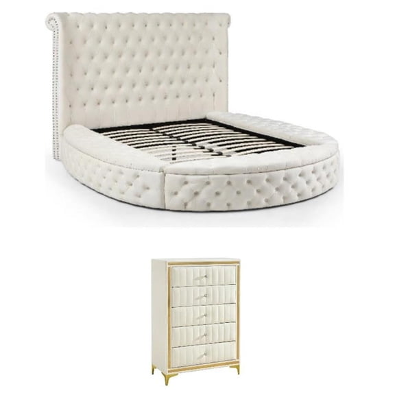 Home Square 2-Piece Set with Upholstered King Bed & 5 Drawer Chest in Cream