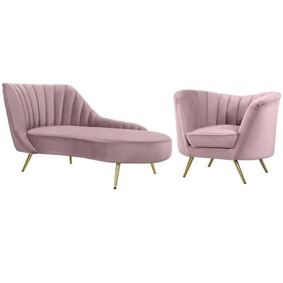 Home Square 2-Piece Set with Velvet Accent Chair & Chaise in Pink and Gold