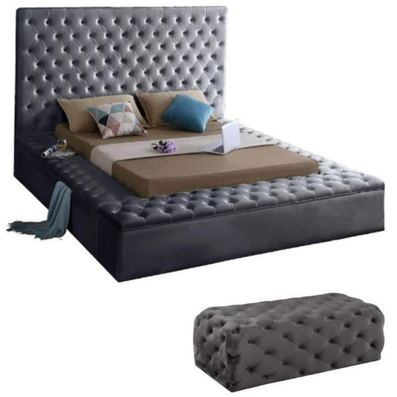 Home Square 2-Piece Set with Velvet King Bed and Ottoman in Gray