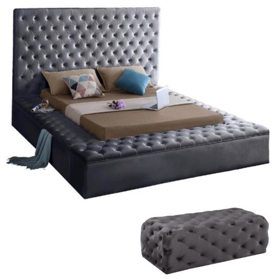 Home Square 2-Piece Set with Velvet Queen Bed and Ottoman in Gray